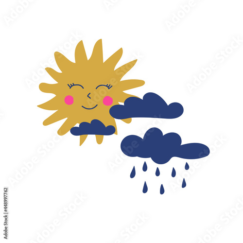 Hand drawn  sun and clouds with rain for babies. Cute design element for children's room. Printable poster for kids.  Vector