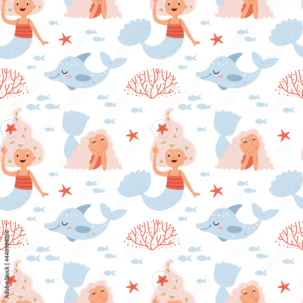 Pattern of mermaids and dolphins.Summer pattern about the underwater world in pink colors. Illustration for children's book.