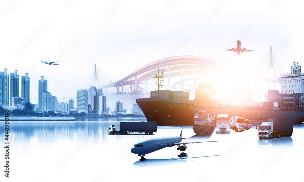Fototapeta premium Global business of Container Cargo freight ship for Business logistics concept, Air cargo trucking, Rail transportation and maritime shipping, Online goods orders worldwide