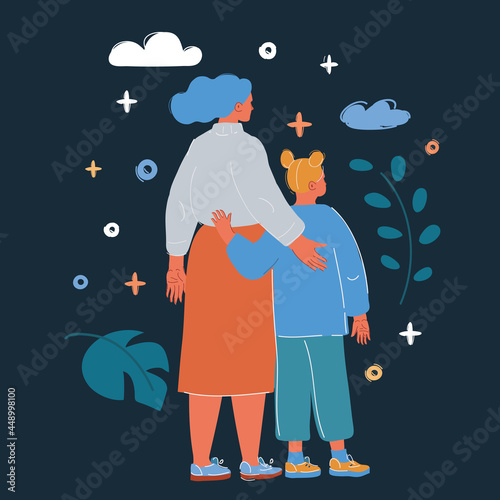 Vector illustration of mother and daughter hug each other. Back view.
