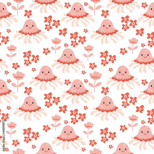 Pink jellyfish pattern.Summer pattern about the underwater world in pink colors. Illustration for children's book.