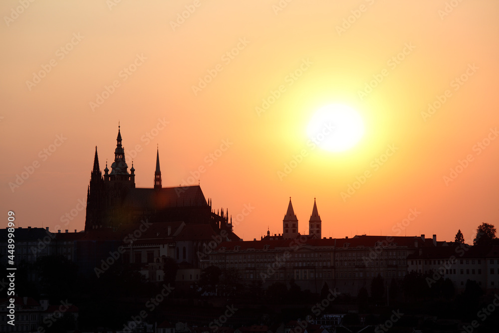 Silhouette of Saint Vitus Cathedral at sunset, Prague, Czech Republic