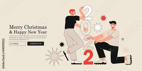 People arrange 2022 puzzle. Characters connect new year numbers together. Successful collaboration, teamwork coworking and business partnership concept. Christmas or new year company greeting banner