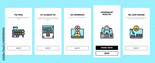Pharmaceutical Production Factory Onboarding Mobile App Page Screen Vector. Laboratory Manufacturing Pharmaceutical Product, Tablet Drug And Capsule, Powder And Pills Illustrations
