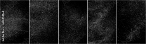 Set of distressed white grainy texture. Dust overlay textured. Grain noise particles. Snow effects pack. Rusted black background. Vector illustration, EPS 10.