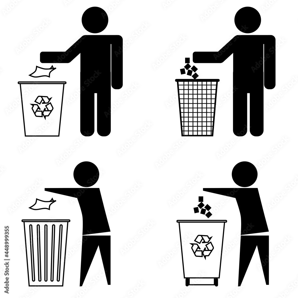 Set of vector illustrations of people throwing trash in the trash can