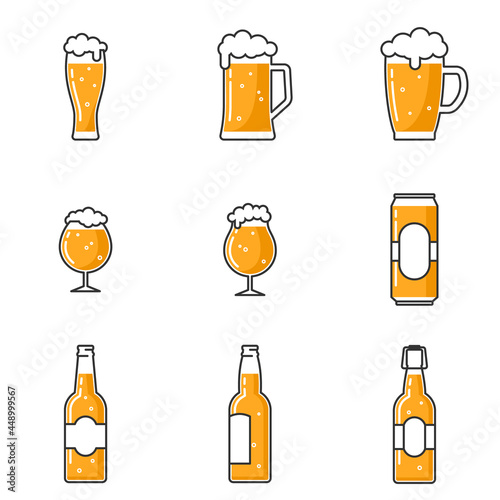 Set of mugs, glasses and bottles for beer isolated on a white background.