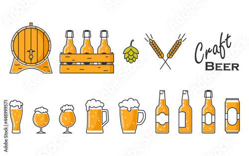 Mugs, glasses, bottles and a keg for beer. Craft beer design. Set for a holiday or festival.