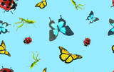 Yellow butterfly pattern. Blue butterfly. Seamless on light blue background. for textile and card design vector illustration 