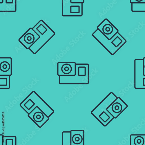 Black line Action extreme camera icon isolated seamless pattern on green background. Video camera equipment for filming extreme sports. Vector