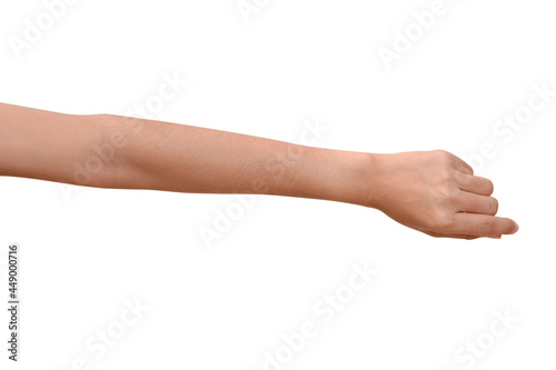 Woman hand holding isolated on white background.