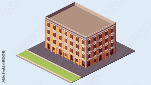 Isometric isolated vector building apartment with sidewalk and lawn.