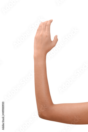 Empty Hand showing gesture holding the bottle, smartphone or something isolated on white background with clipping path.