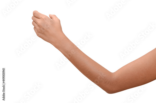 Empty Hand showing gesture holding the bottle, smartphone or something isolated on white background with clipping path.