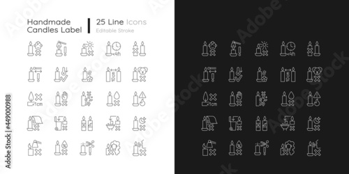 Handmade candles label linear manual label icons set for dark and light mode. Customizable thin line symbols. Isolated vector outline illustrations for product use instructions. Editable stroke