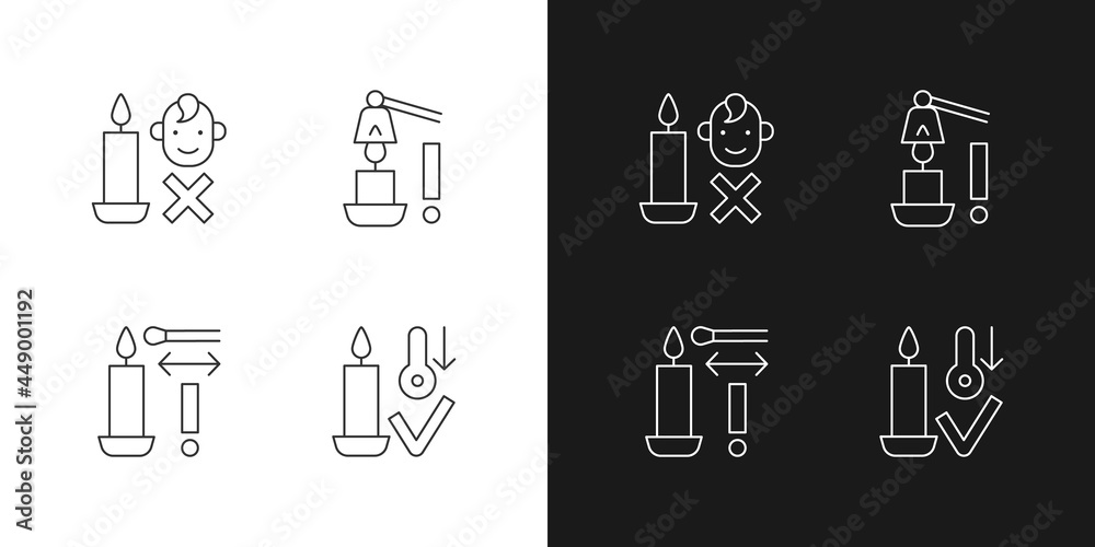 Burning candles safely linear manual label icons set for dark and light mode. Customizable thin line symbols. Isolated vector outline illustrations for product use instructions. Editable stroke
