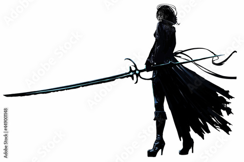A beautiful demon hunter girl in a tight leather cloak and stiletto boots, a long magic sword saber in her hands, she stands epically on her slender sexy legs. 2d illustration photo