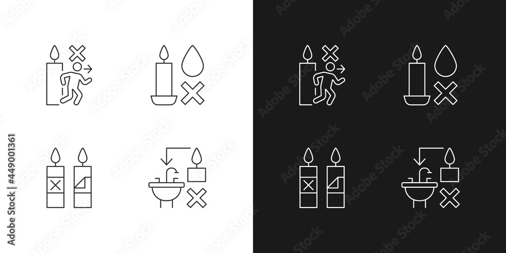 Being safe around candle linear manual label icons set for dark and light mode. Customizable thin line symbols. Isolated vector outline illustrations for product use instructions. Editable stroke