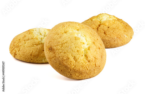 Three curd cookies isolated on a white background.