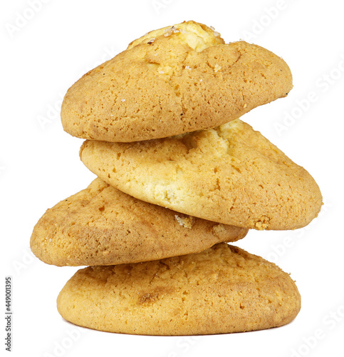 A stack of fresh cottage cheese cookies on a white background.