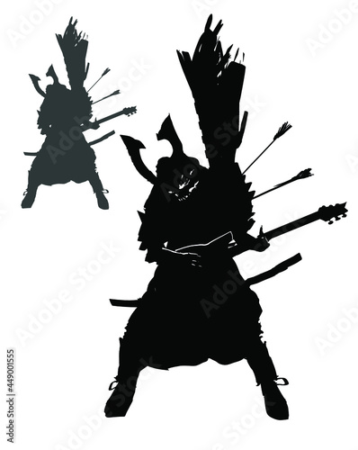A crazy samurai rocker with a skeleton body, in a traditional military helmet, furiously plays a dance guitar completely absorbed in music, arrows stick out of his body, a Japanese standard is behind 
