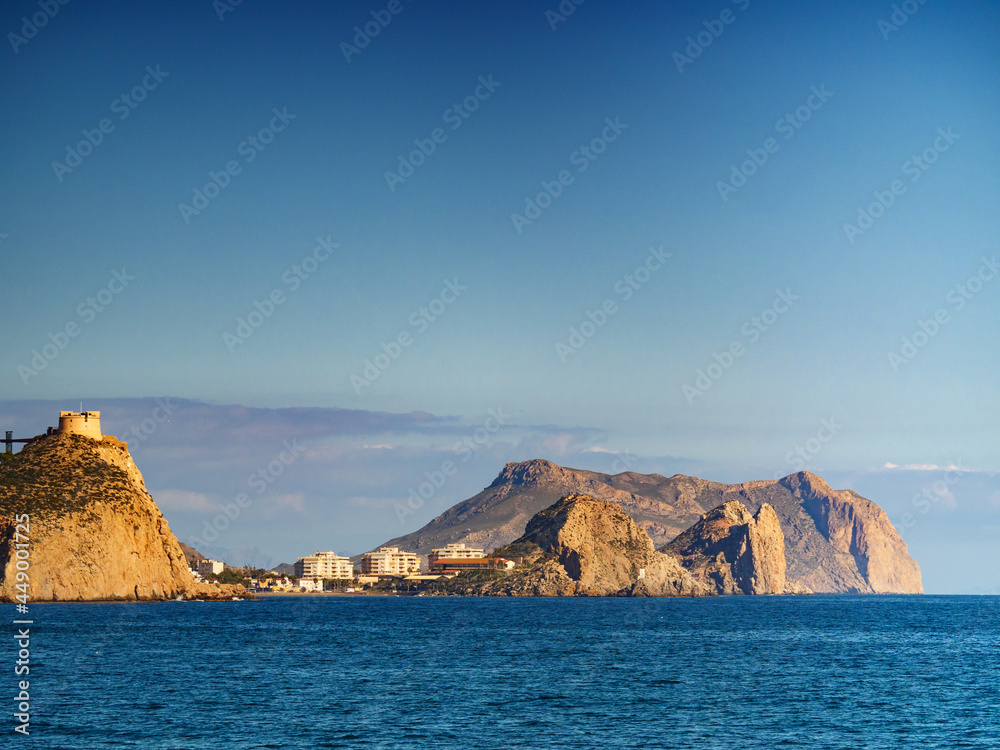 Coastline with castle on cliff, Aguilas, Spain