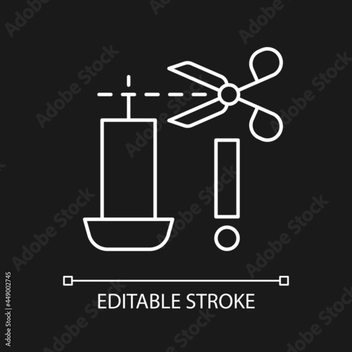 Trimming candle wick white linear manual label icon for dark theme. Thin line customizable illustration for product use instructions. Isolated vector contour symbol for night mode. Editable stroke