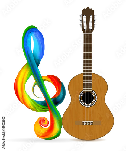 Classical or acoustic guitar with treble clef on a white background. Vector