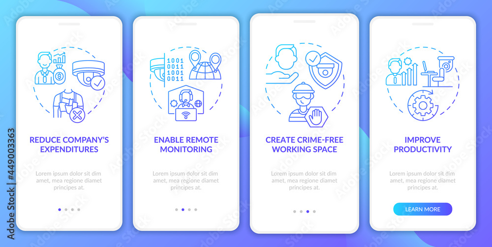 Enable remote monitoring onboarding mobile app page screen. Crime-free working space walkthrough 4 steps graphic instructions with concepts. UI, UX, GUI vector template with linear color illustrations