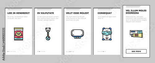 Baby Shop Selling Tool Onboarding Mobile App Page Screen Vector. Baby Diaper And Sterilizer Bottles Device, Newborn Educational Toy And Carousel Per Crib. Illustrations