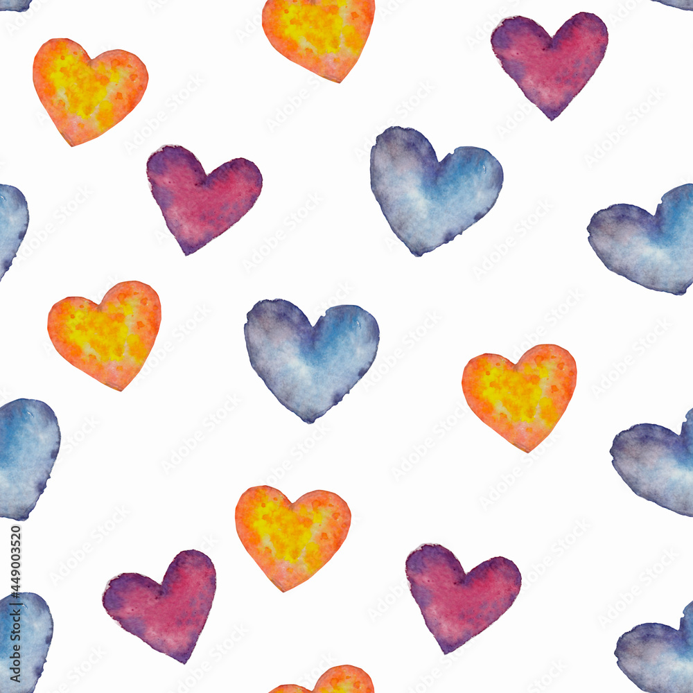 Watercolor hand drawn artistic hearts pattern, isolated hearts pattern
