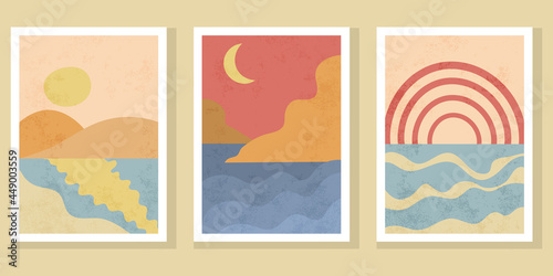 Abstract contemporary boho landscape posters. Modern sun, moon, mountains, rainbow, sea minimalist wall decor. Nature backgrounds for your social media.