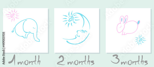 Pink rabbit, blue elephant and moon, moon with asterisks. Set of cute posters for toddler nursery. Vector, linear pattern with animals on a white background for packaging, gifts, clothes.