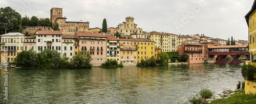 Panoramic along the Brenta river, near the Alpini bridge in Bassano del Grappa, Vicenza - Italy