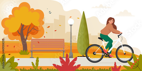 Woman riding bike in the park, on autumn landscape. Vector illustration in flat style