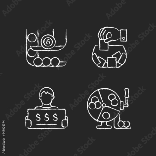 Lottery formats chalk white icons set on dark background. Ball draw machine. Getting winning ticket. Raffle game. Million-dollar jackpot chance. Isolated vector chalkboard illustrations on black