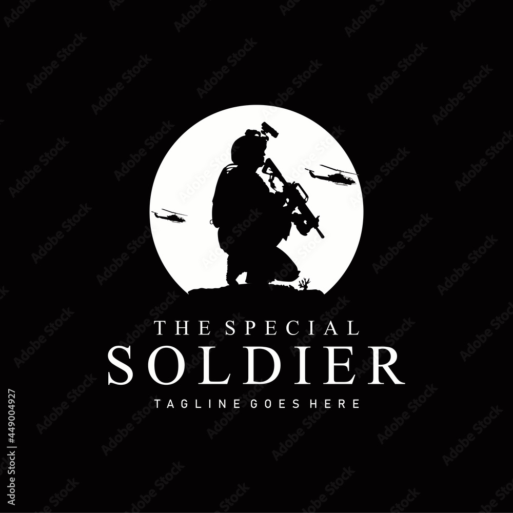 Silhouette of Soldiers at War, Commander Logo Carrying Weapons
