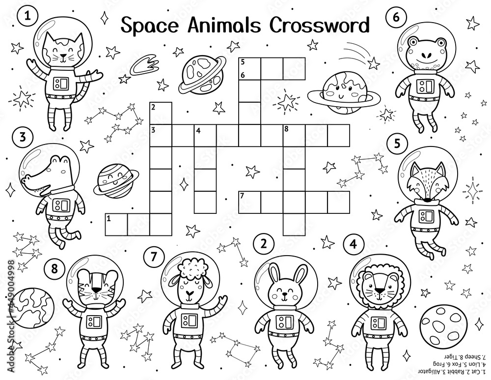 Space animals crossword puzzle with cute characters. Black and white space activity page for kids. Educational coloring sheet for school and preschool. Vector illustration