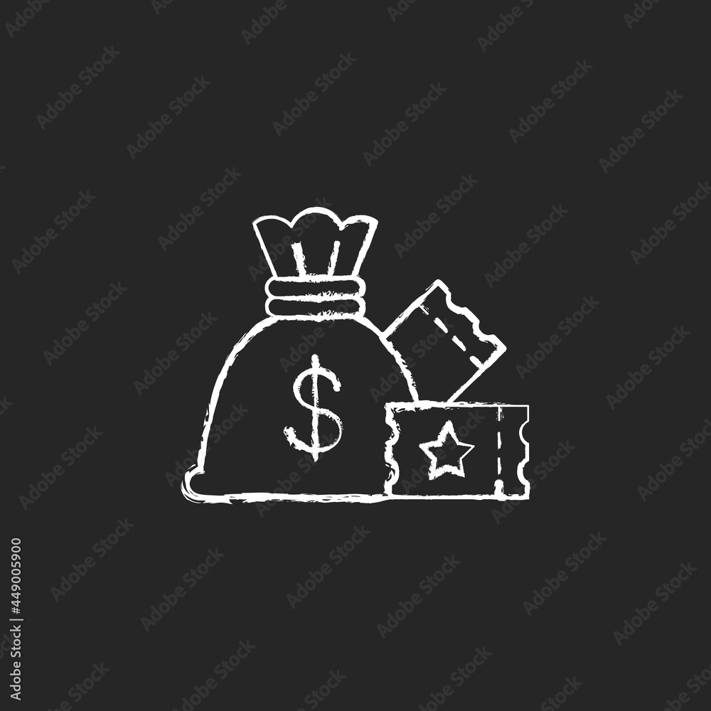 Lump-sum payment chalk white icon on dark background. One-time cash payout. Lottery winning. Collecting jackpot at once. One single payment. Isolated vector chalkboard illustration on black Lump-sum payment chalk white icon on dark background. One-time cash payout. Lottery winning. Collecting jackpot at once. One single payment. Isolated vector chalkboard illustration on black