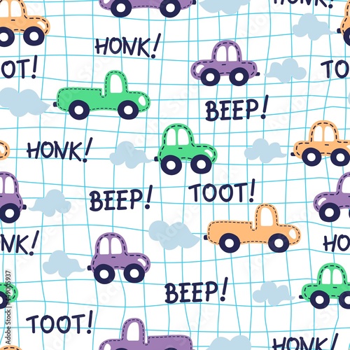 Seamless car pattern on square background with colorful vehiles, truck and words Beep, Toot, Honk.