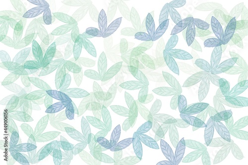 Watercolor, leaves, green, blue, pattern, white background. For fabric, paper, card designs.
