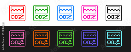 Set line Drum machine icon isolated on black and white background. Musical equipment. Vector