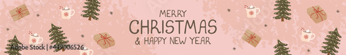 Vector banner with hand drawn doodle illustrations of christmas objects as gifts box, christmas tree. Horizontal Christmas header for website template