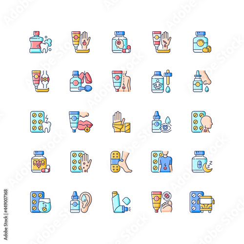 Medical treatment RGB color icons set. Oral hygiene. Antibacterial ointments. Pain reliever. Improve health quality. Fast healing. Isolated vector illustrations. Simple filled line drawings collection