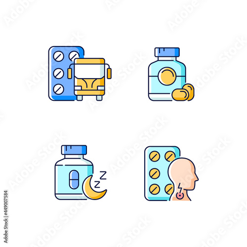 Maintaining life quality RGB color icons set. Motion sickness treatment. Soft gelatin capsules. Sleep aid. Cold medication. Isolated vector illustrations. Simple filled line drawings collection