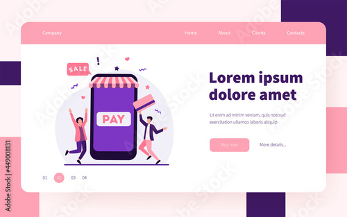 Tiny young guys paying with plastic card via mobile app. Smartphone, online, store flat vector illustration. Shopping and digital technology concept for banner, website design or landing web page