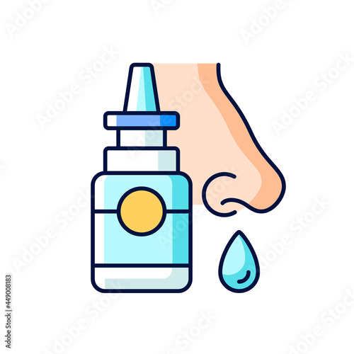 Nasal spray RGB color icon. Relieve nasal discomfort. Cold relief. Treat sinus congestion. Anti-inflammatory medicine. Reduce allergy symptoms. Isolated vector illustration. Simple filled line drawing