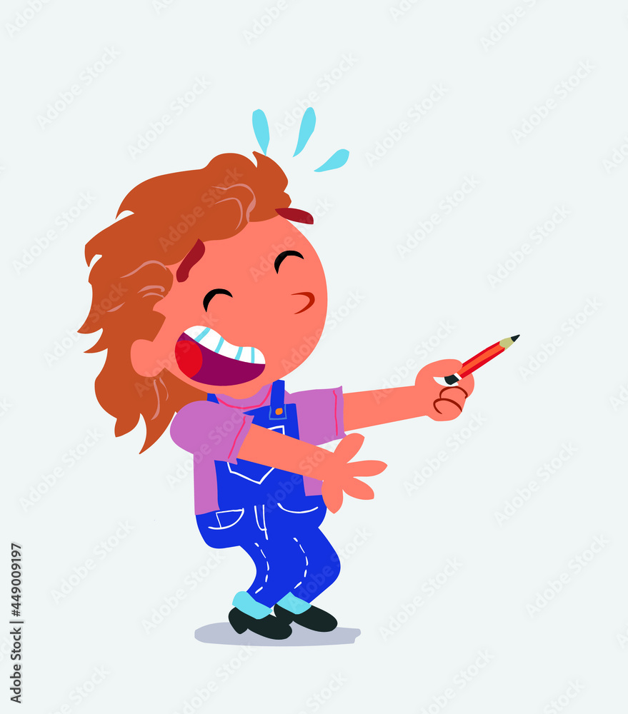 cartoon character of little girl on jeans laughs while pointing to the side with a pencil. cartoon character of little girl on jeans laughs while pointing to the side with a pencil.