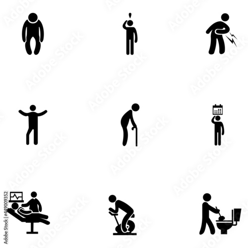 A collection of icons consisting of icons of people throwing lightning, doctors checking the patient's heart rate, people cleaning toilets, and others.