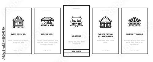 House Constructions Onboarding Mobile App Page Screen Vector. Townhome House And Mobile Home, Villa And Palace Building, Apartment And Residence Illustrations
